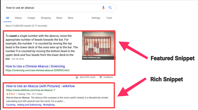 Search engine result page feature snippets
